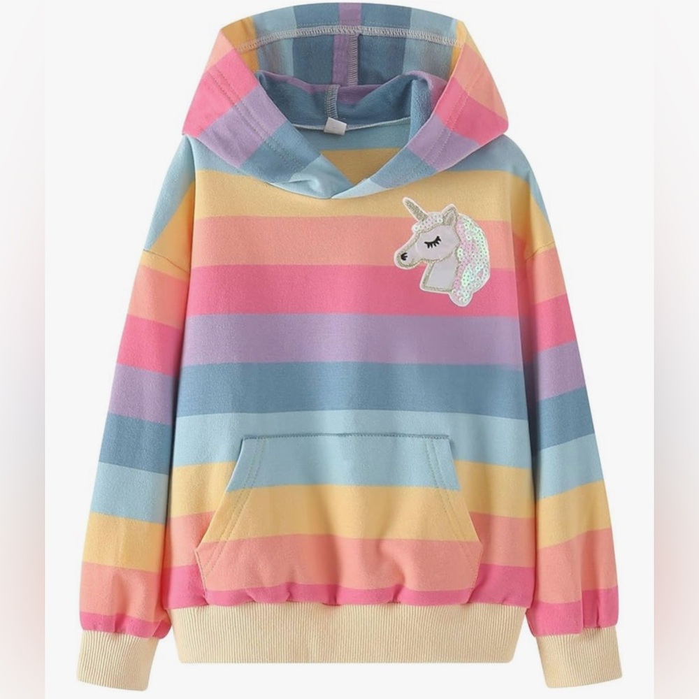 Girls’ Rainbow Stripe Sequin Unicorn Hoodie